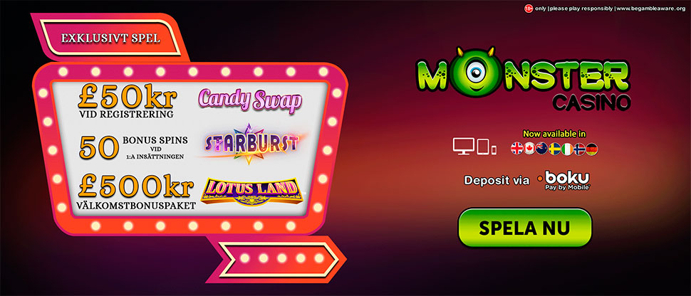 Monster nätcasino bonus - få 50 kronor gratis och 50 free spins vid första insättning