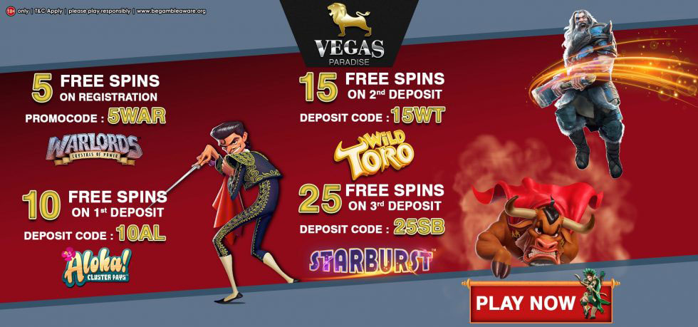 Vegas Paradise casino välkomstpaket ger dig upp till 55 free spins